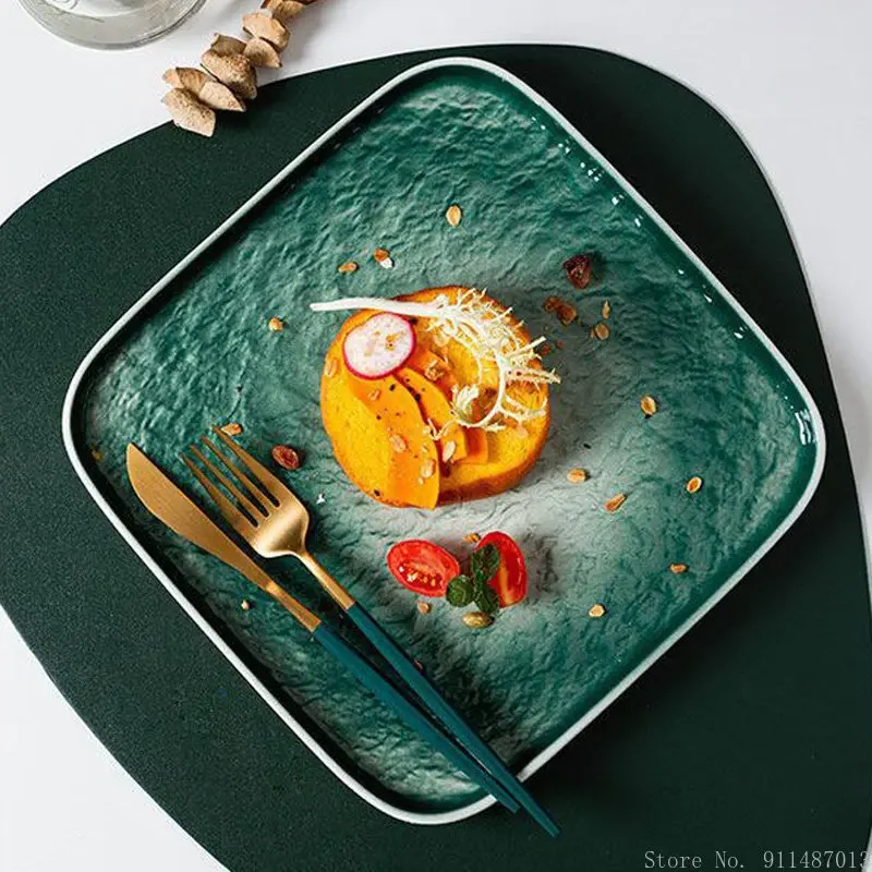 1pc Nordic Ceramic Western Food Plate Creative Home Kitchen Restaurant Square Steak Plate Japanese Hot Pot Platter plate
