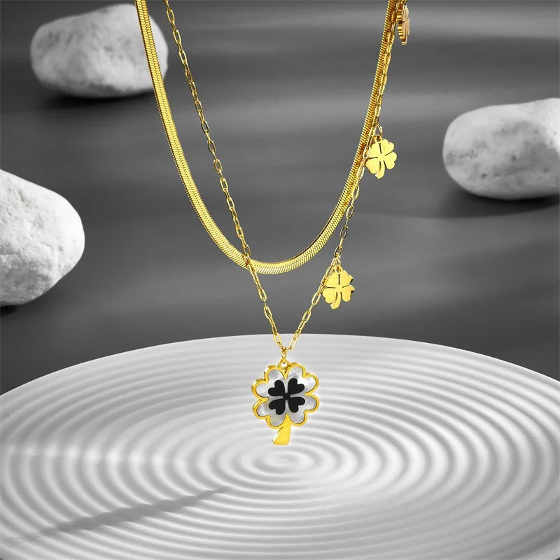 

18K Gold Titanium Steel Women's Necklace - Anti-Fade Punk Double Snake Chain, Leaf Flower Pendant, Luxury Jewelry, Wholesale
