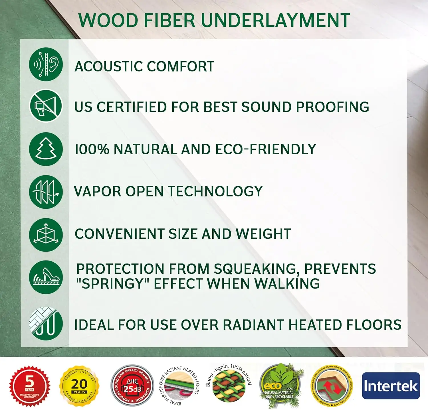 Wood Fiber Flooring Underlayment, 3mm (1/8 Inch) Thickness - 270 Sq Ft, Natural Soundproofing Insulation, for Laminate, Vinyl, L