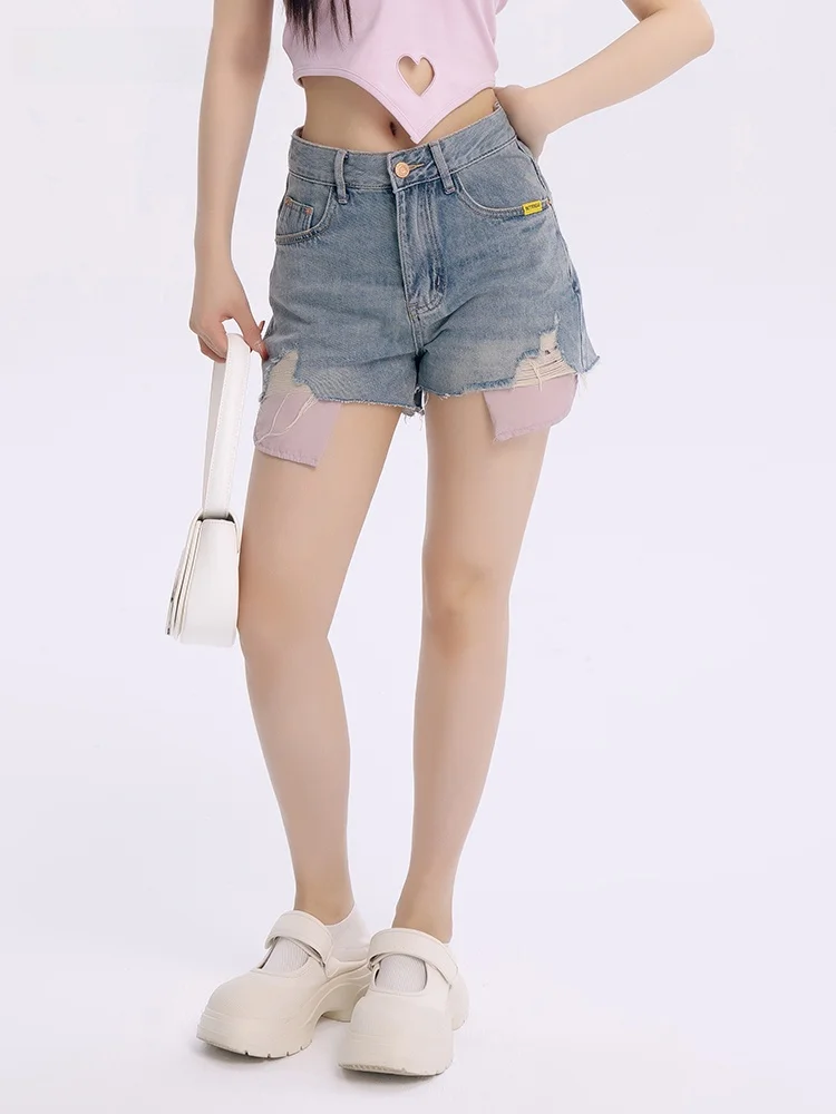 

Летние джинсовые шорты BetterSay с высокой талией, женские, стройнящие, с эффектом рваных дыр, на молнии, синие