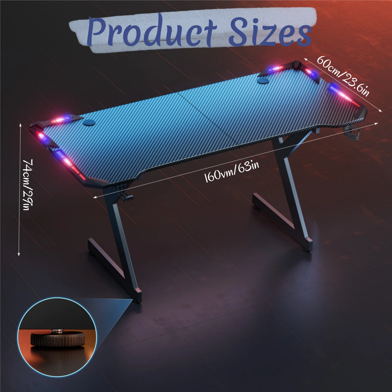 Y‑Shaped Gaming Desk with RGB LED Lights, Ergonomic Carbon‑Fiber Surface PC Workstation Table with Headphone Hook & Cup Holder