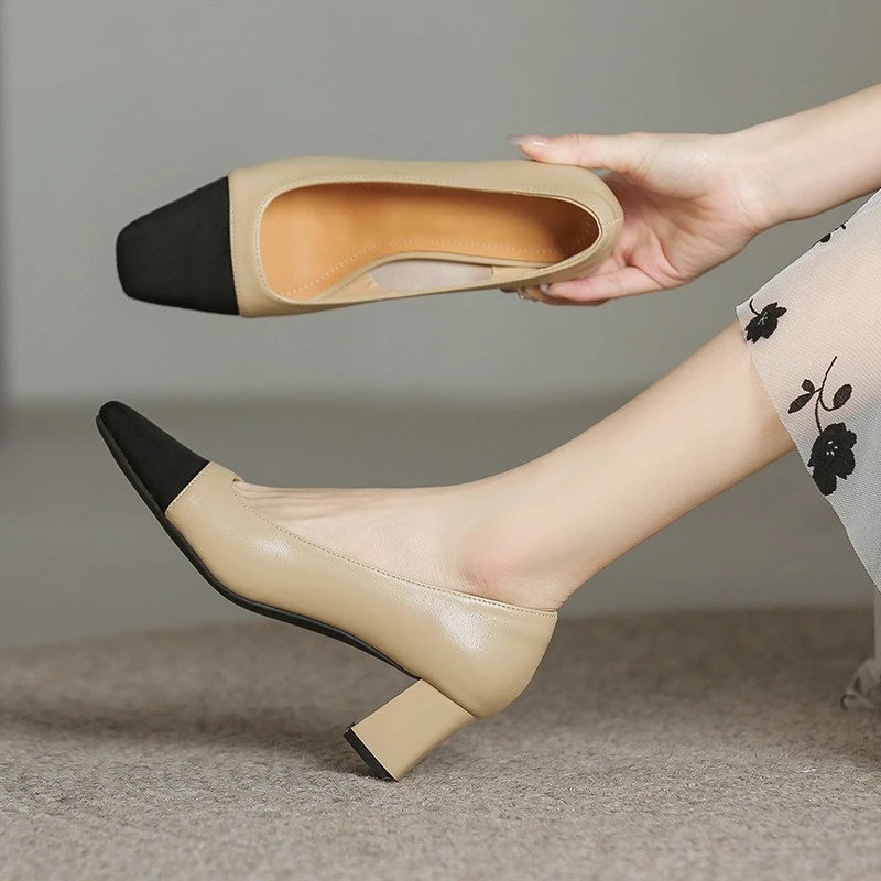 5 Cm Thick High-heeled Leather Professional Women's Shoes with Color Patchwork