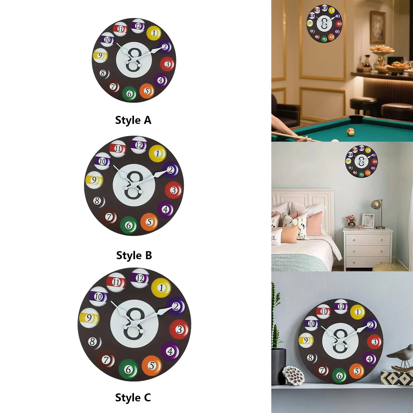 Billiards Themed Wall Clock with Arabic Numerals Round Design for Kitchen Cafe