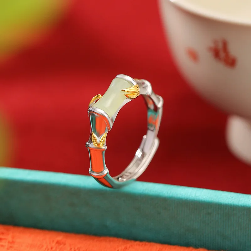 Hetian S925 Sterling Silver Two-Tone White Jade Joint and Leaf New Style Fashion Ring