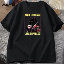 More Espresso Less Depresso Cat Drinking Coffee Funny T Shirt for Men Women Japanese Style Causal Cotton Short Sleeve Clothing