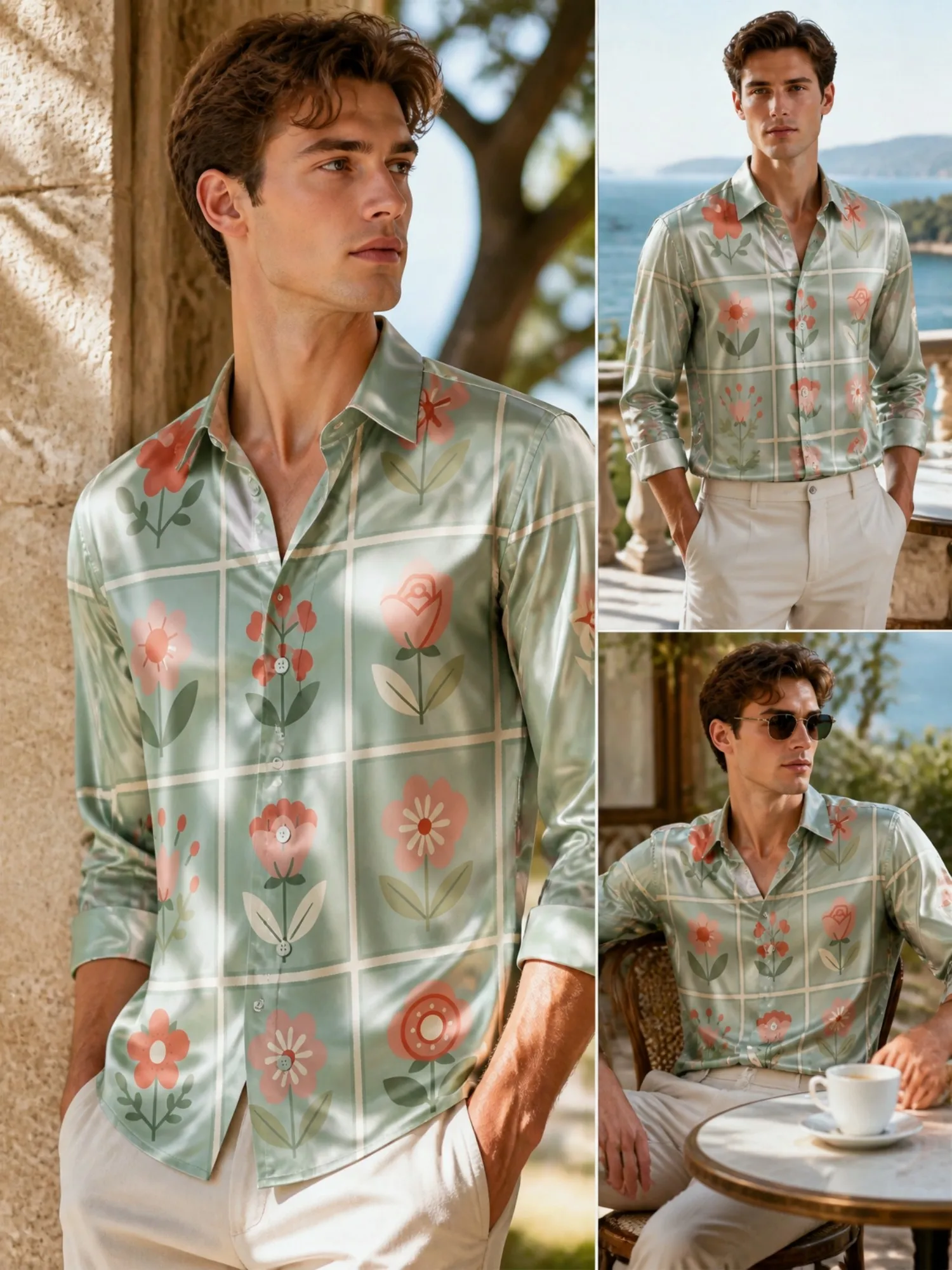 Mens Satin Long Sleeve Button Down Printed Dress Shirt Soft Smooth Fabric Commute For Everyday Office Commute Business Wear