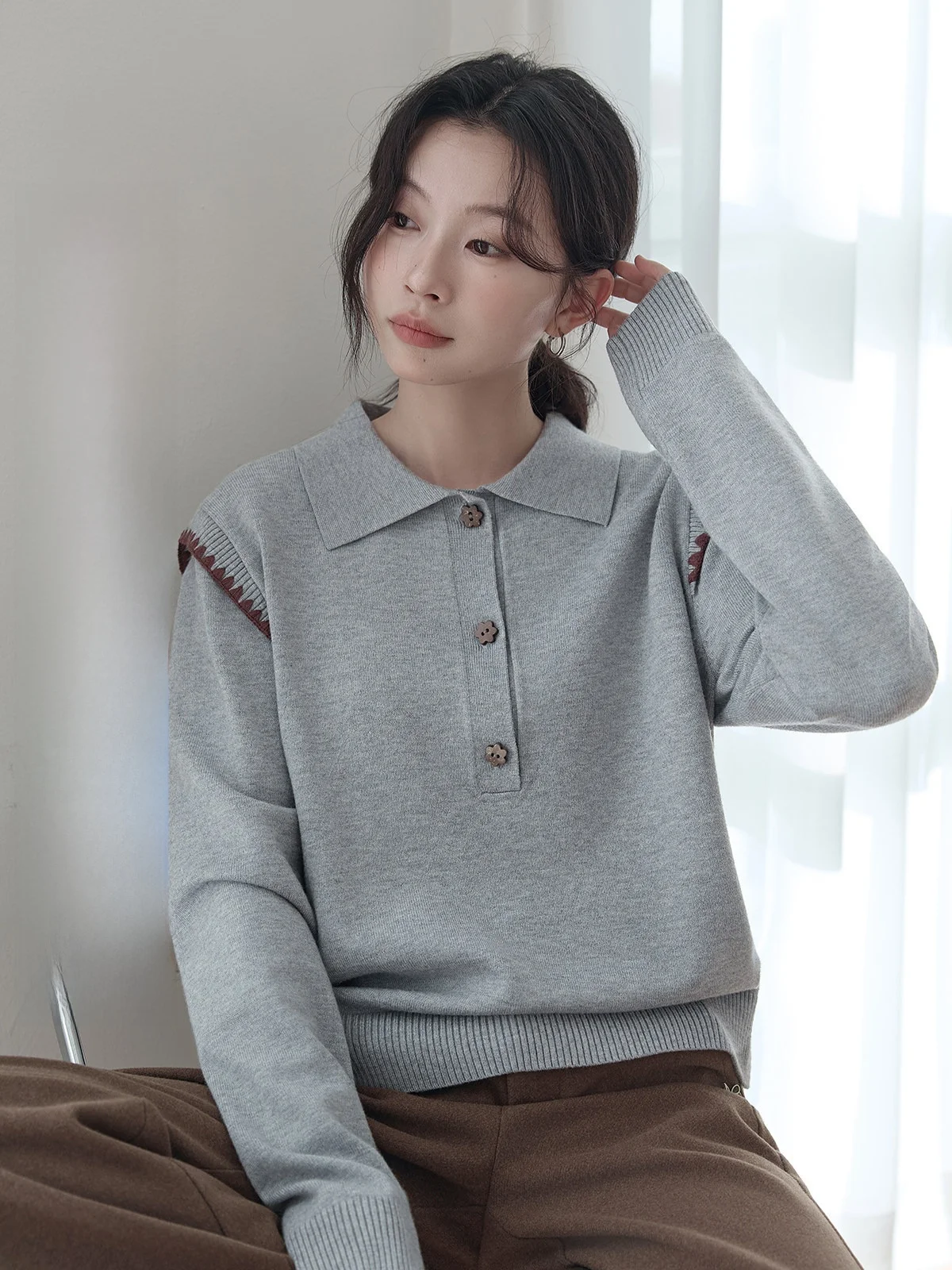 

Ele ey Knitted Ne Sweater Women's Long Sve Embroidered Versatile Spring Faion HUIXI Commute Sle Regular Fit