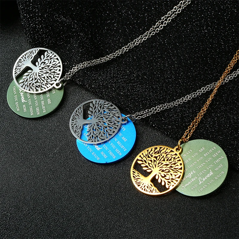 

Trendy Stainless Steel Necklace for Women Colorful Circle And Life Tree Two Pieces Pendant Necklaces Rolo Chain18''+2'' 1.5mm