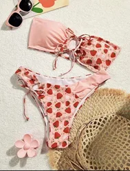 Śliczne różowe truskawkowe zestawy bikini bandeau dwuczęściowe kokardki wysoka talia wyściełany kostium kąpielowy kostiumy kąpielowe damskie stringi bikini stroje kąpielowe