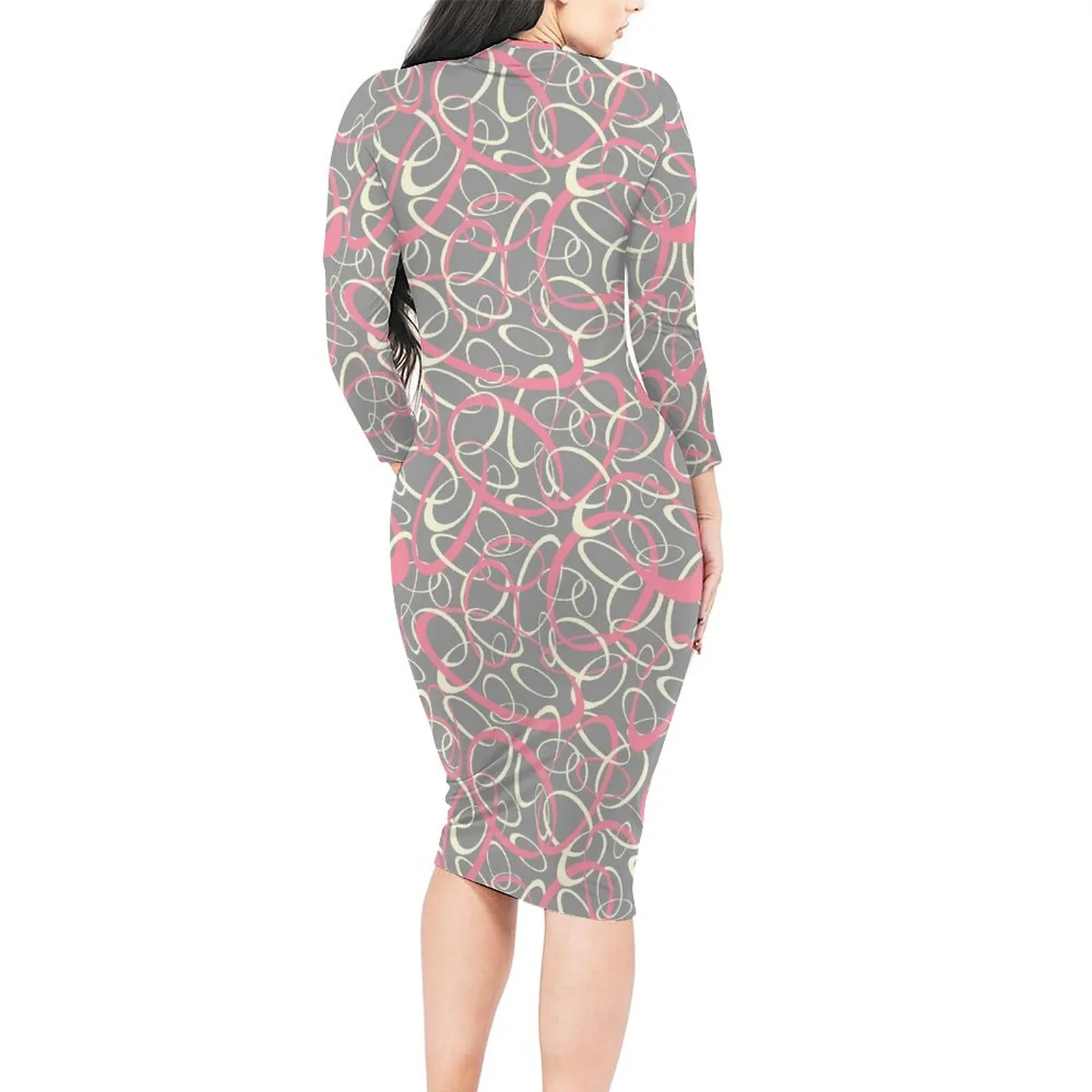 Retro Mod Dress Long Sleeve Pink Gray Geometric Korean Fashion Dresses Spring Club Bodycon Dress Women Design Big Size Vestido