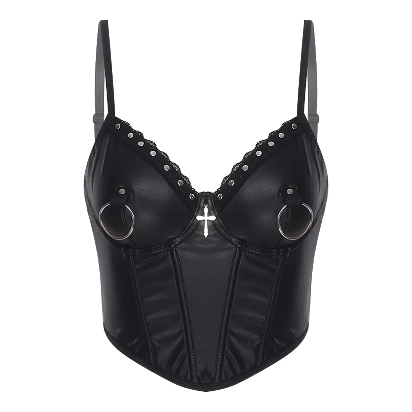 Women Cool Punk PU Leather Corset Bustier Rivets Cross And O-ring Decor Push-up Bra Boned Cropped Camisole Gothic Party Bar Tops