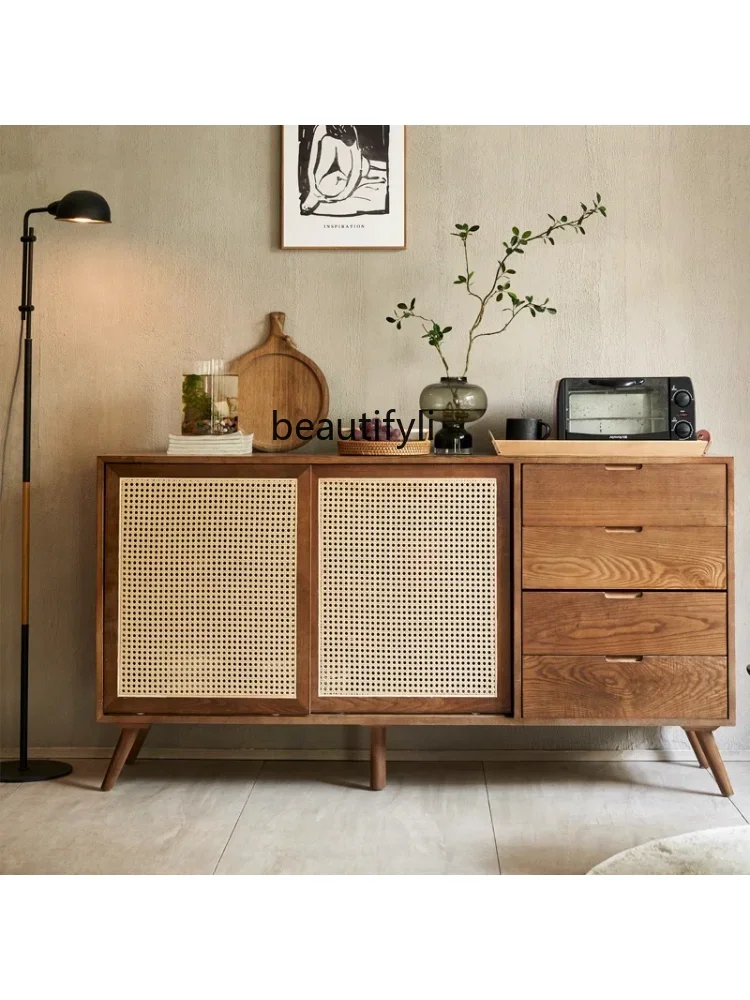 Rattan Sideboard Cabinet Household Locker Nordic Storage Chest of Drawers Log Style Side Cabinet Japanese Solid Wood