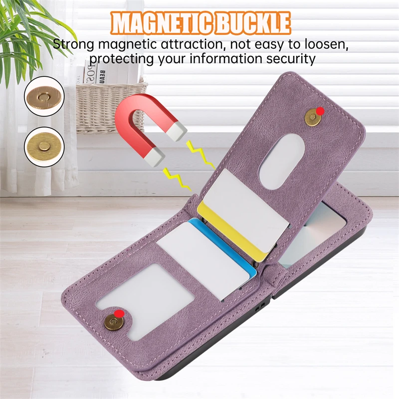 Leather Wallet Card Holder Case for Samsung Galaxy Z Flip 7 6 5 4 3 ZFlip Flip6 Flip5 Flip7 with Crossbody Lanyard Bag Cover