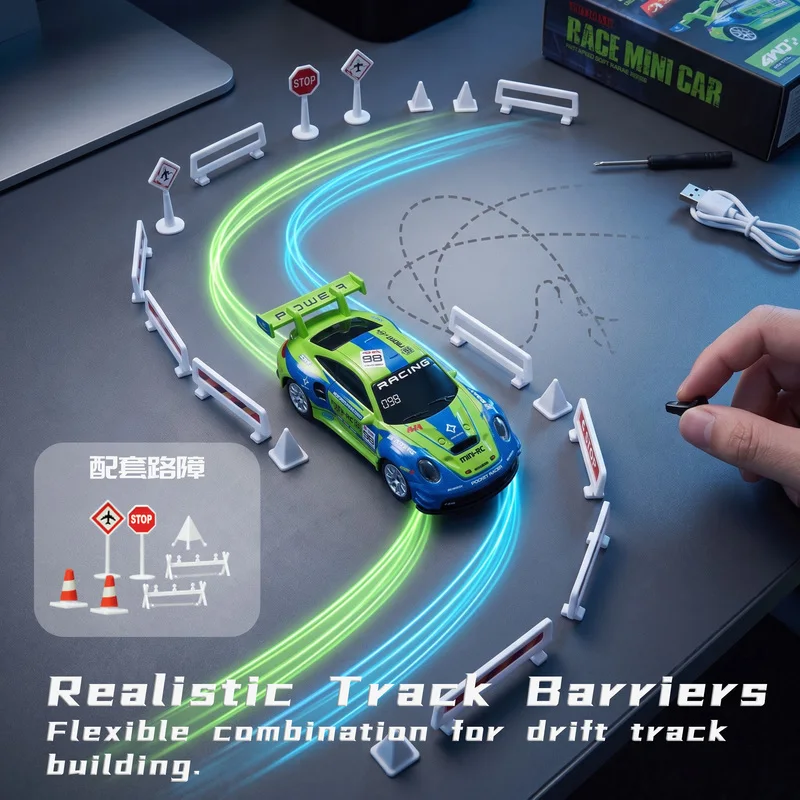 1/64 Alloy RC Drift Car 4WD Full Proportional Remote Control High Speed Mini Racing Model with LED Lights for Tabletop