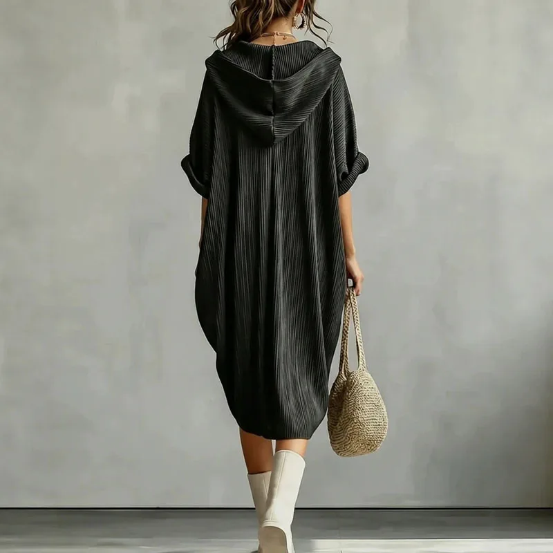 Solid Pleated Textured Hoodie Dress Ladies V Neck Cuffed Short Sleeve Relaxed Side Pocket Hem Dress New Autumn Casual Maxi Dress