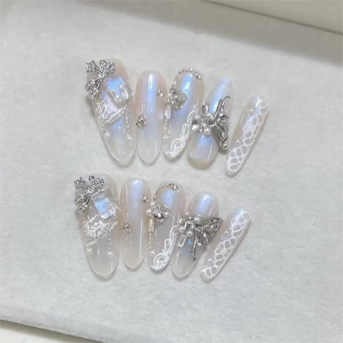 10 Pieces Luxury Demure Press On Nails Handmade Moonlight Fine Glitter Translucent Diamonds Lace False Nail Patches Removable