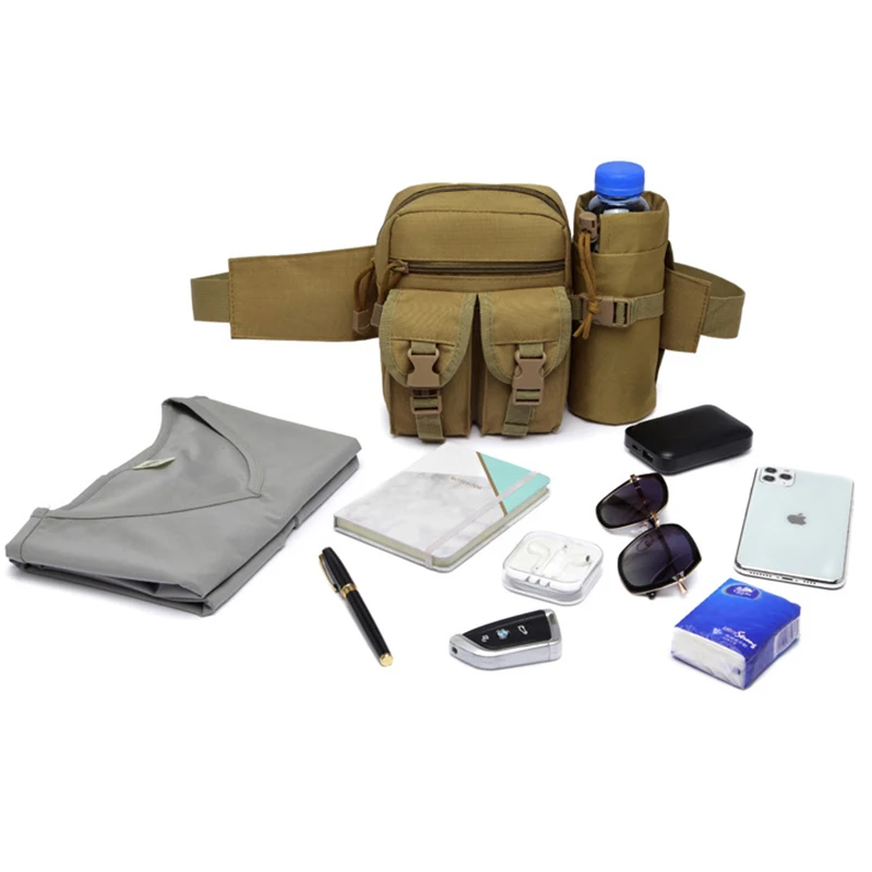 กระเป๋าคาดเอวกลางแจ้งสำหรับผู้ชาย กระเป๋าใส่ขวดน้ำแบบยุทธวิธี กันน้ำ ลายพราง เหมาะสำหรับการล่าสัตว์ เดินป่า ปีนเขา ทำจากไนลอน พร้อมช่องใส่โทรศัพท์มือถือ