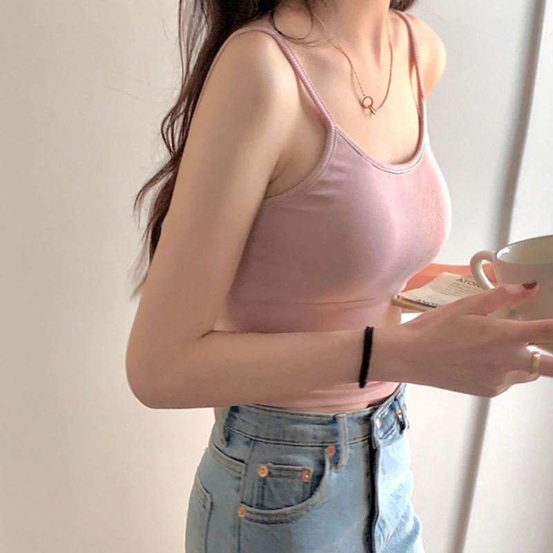 Pink  Strap Vest Women's Summer Outerwear Integrated Bra Camisole Underwear Matching Base Shirt Office Style Short Fit