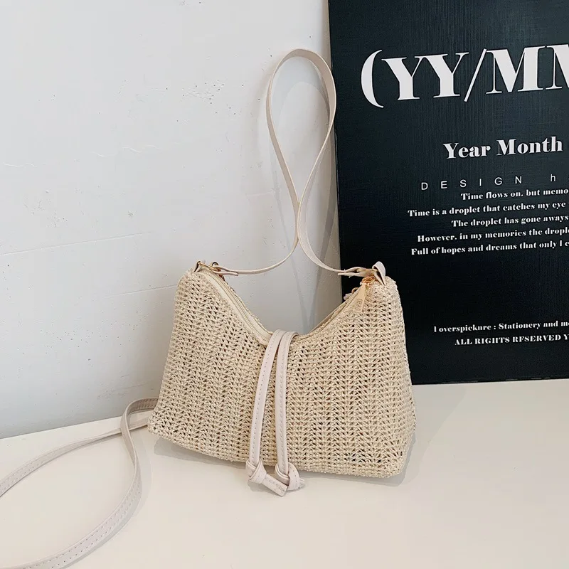 Summer Casual Lightweight Straw Woven Women Shoulder Bags Simple Solid Color Ladies Crossbody Bag Travel Portable Hobos Handbag