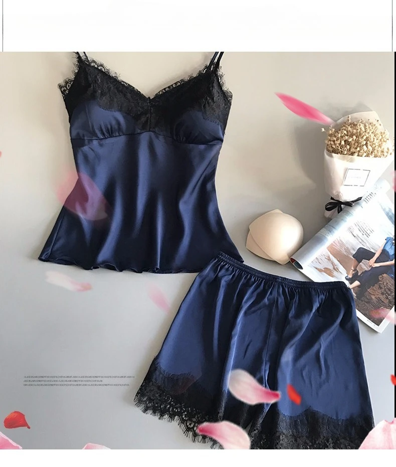 Silk Straps Women Summer Sleepwear Sexy Lace Satin Pajama Sets Lingerie Nightwear Sleeveless Tops+Shorts 2 Pcs Sets Loungewear