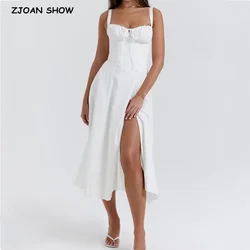 2023 Sexy Cross Lacing up Bandage Back Sling Dress Women Corset Style Bow Ruched Chest Hem Slit Swing Midi Robe White Black