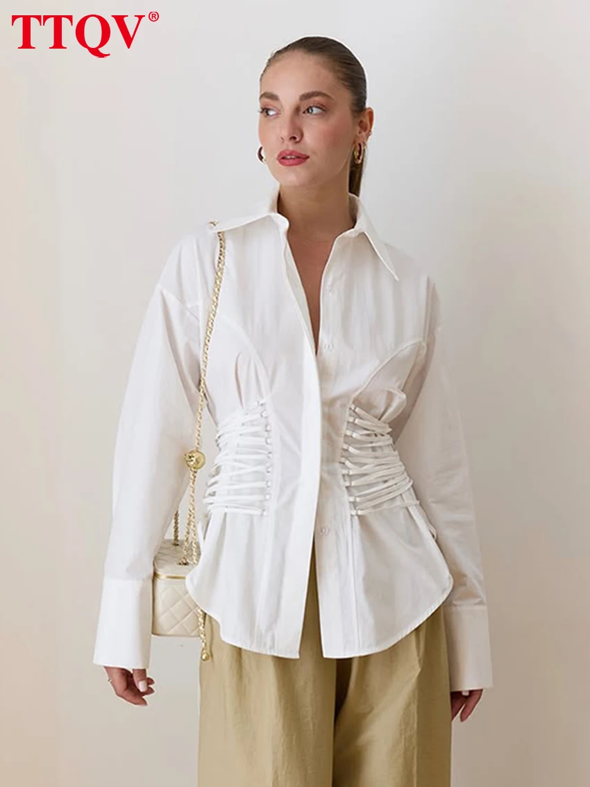 

TTQV Fashion Slim White Cotton Women's Shirt 2026 Spring Lapel Long Sleeve Blouse Elegant Classic Bandage Top Female Clothing