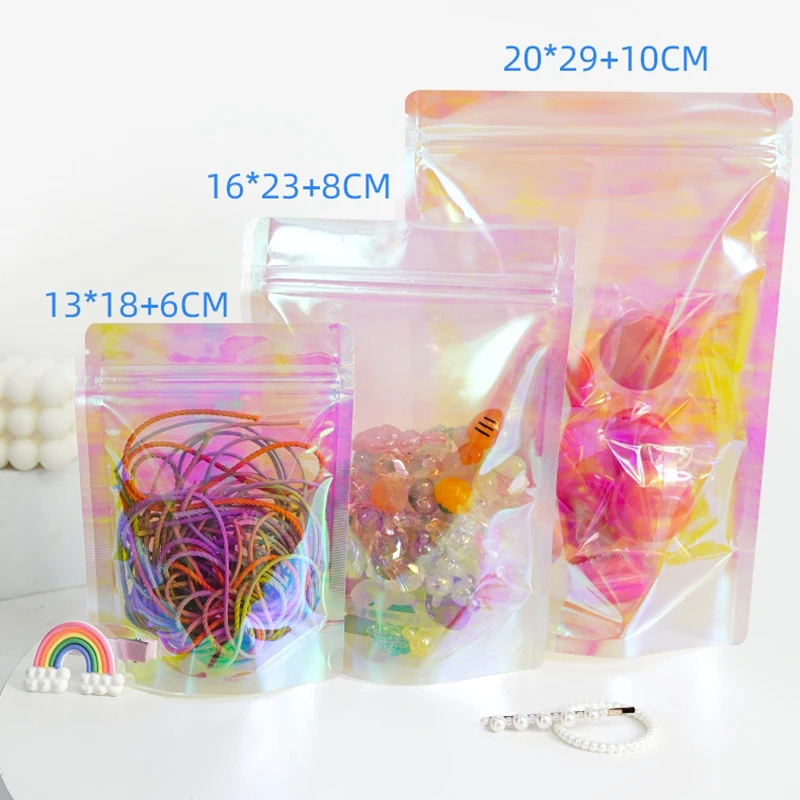 Pink Stand Up Holographic Zip Lock Bag Iridescent Laser Heat Sealing Cosmetic Jewelry Snacks Cereals Candy Gifts Package Pouches