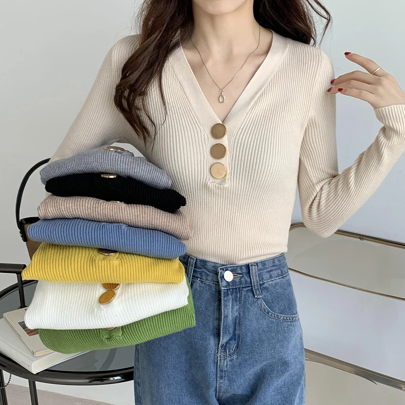 V-Neck Thin Base Sweater With Metal Buttons Slim Fit And Fashionable Ladies Style Knitted Top Commuting Sweater