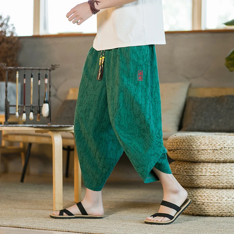 

Japan Style Kimono Capris Trousers Men Retro Jacquard Calf Length Wide Leg Pants Loose Oversize Casual Harem Pants Streetwear