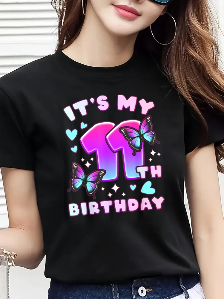 11th Birthday Girl 11 years Butterflies and Number 11 Women\'s T-shirt Short Sleeve Tees Women New Style Women\'s T shirt Tee Tops