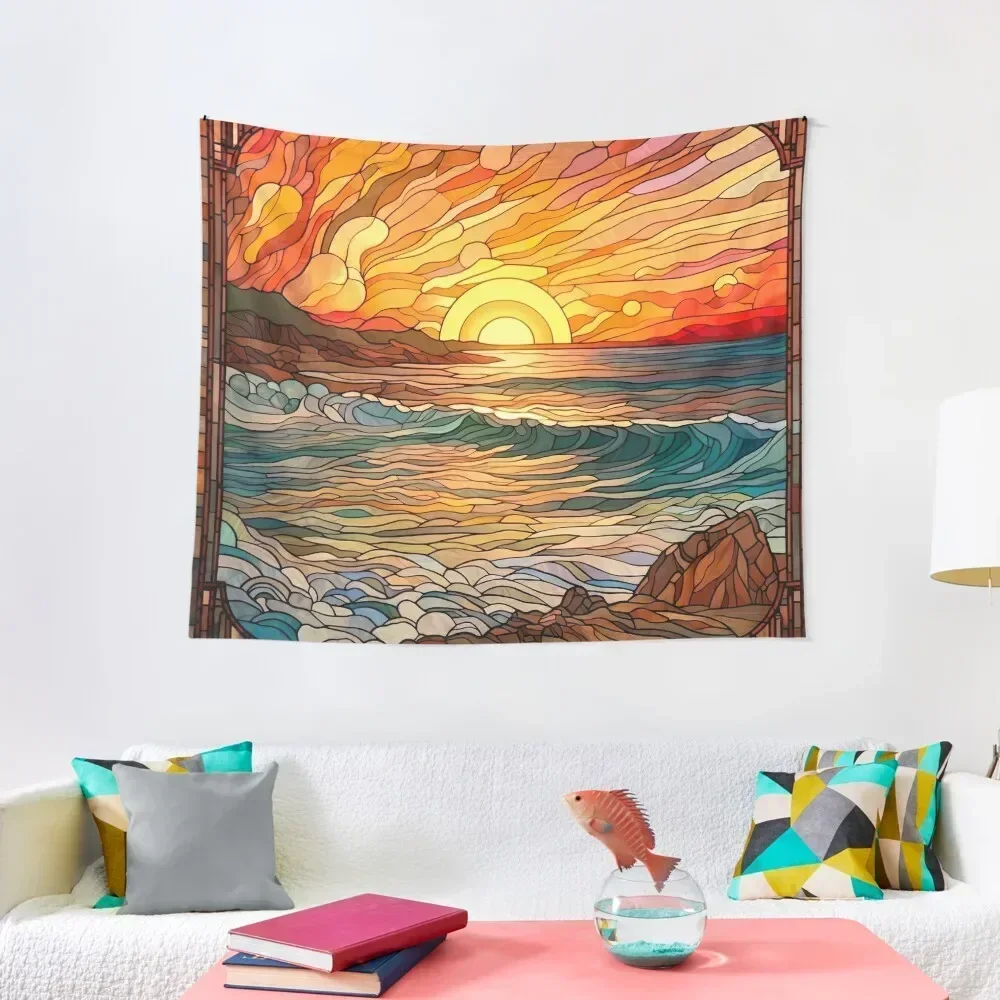 

Stained Glass Beach Scene and Sunset Tapestry Funny Bedroom Organization And Decoration Bathroom Decor Tapestry