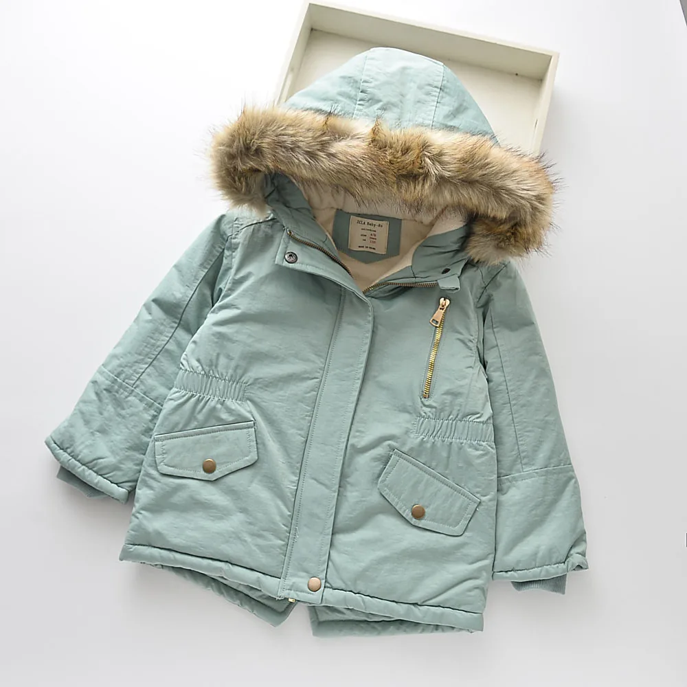 Toddler Girls Casual Fleece-Lined Warm Parka Jacket Kids Faux Fur Hooded Zip-Snap Cargo Jackets with Pockets Winter Outerwear