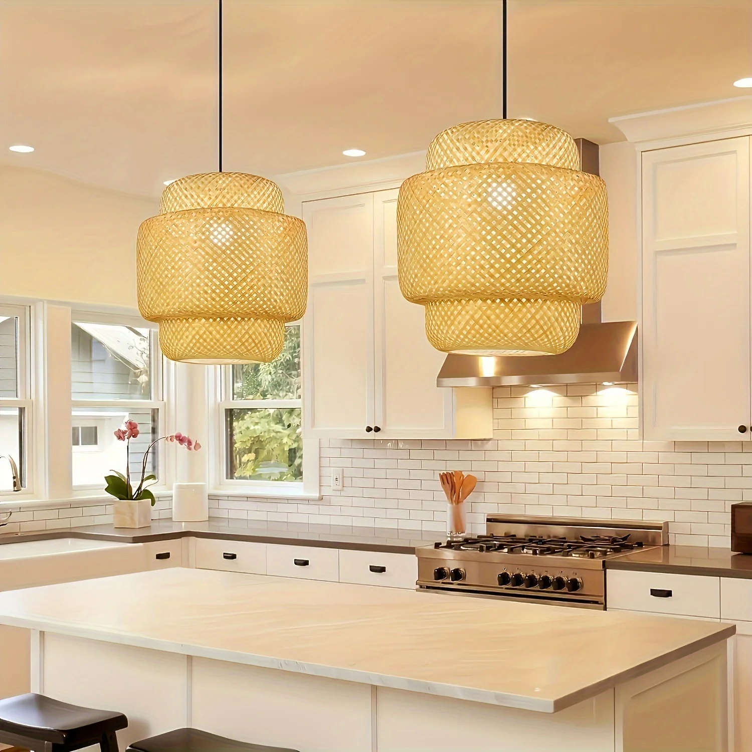 Modern Living Dining Room Pendant Light Wicker Woven Lighting Fixture Hand Woven Rattan Lantern Pendant Light for Kitchen Island