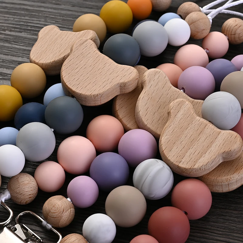 Baby Silicone Round Beads Metal Dummy Holder Clips Wood Animal Teether Teething Chain For Baby Pacifier Chain Safe Toys Gift