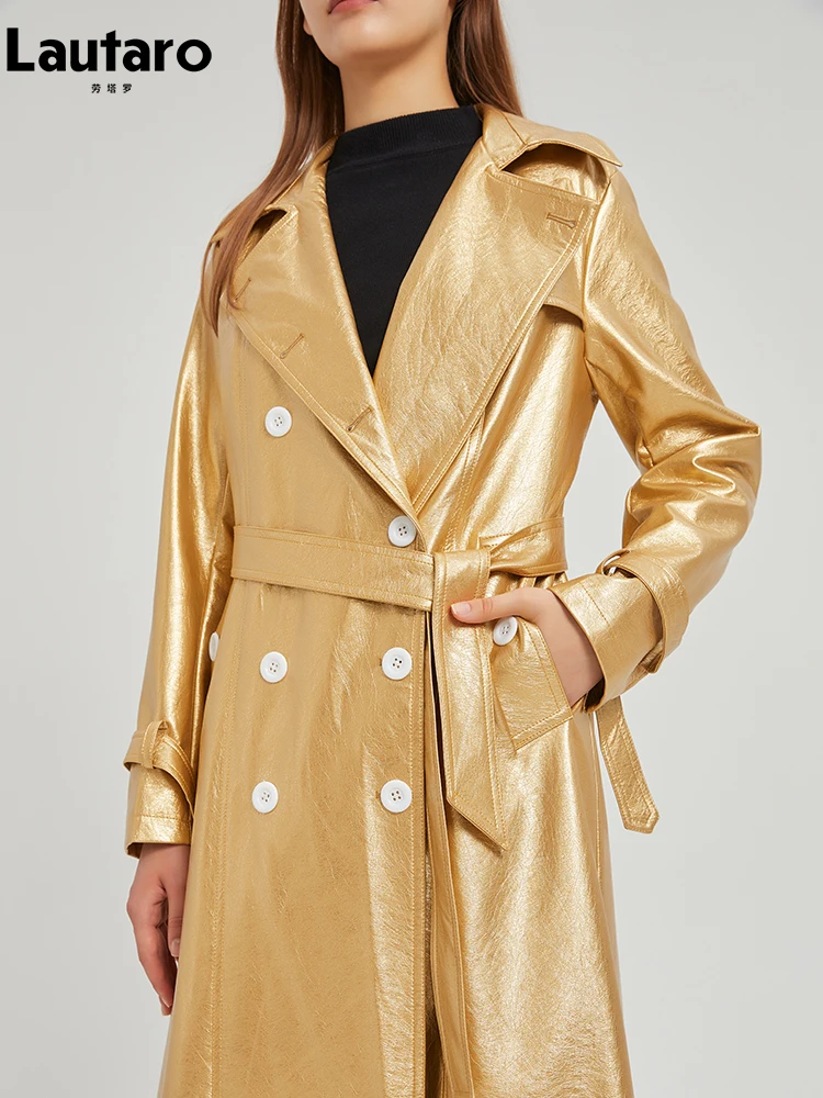 Lautaro Spring Autumn Extra Long Gold Shiny Pu Leather Trench Coat for Women Sashes Double Breasted Luxury Europe Fashion 2024