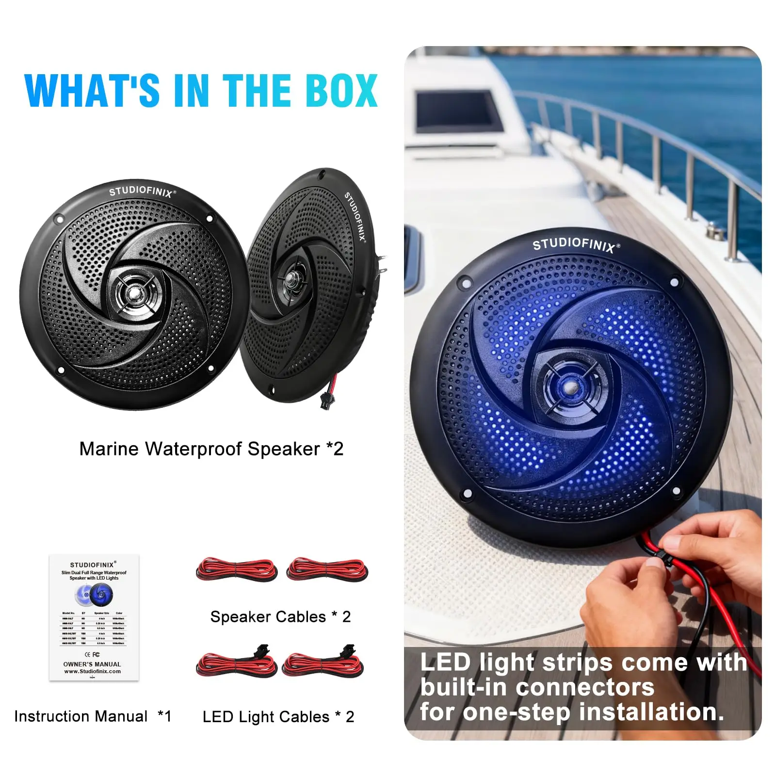 STUDIOFINIX 5,25" 160W waterdichte scheepsluidsprekers met LED-verlichting, 2-weg buiten coaxiaal voor boot, camper, UTV, golfkar (2-pack)
