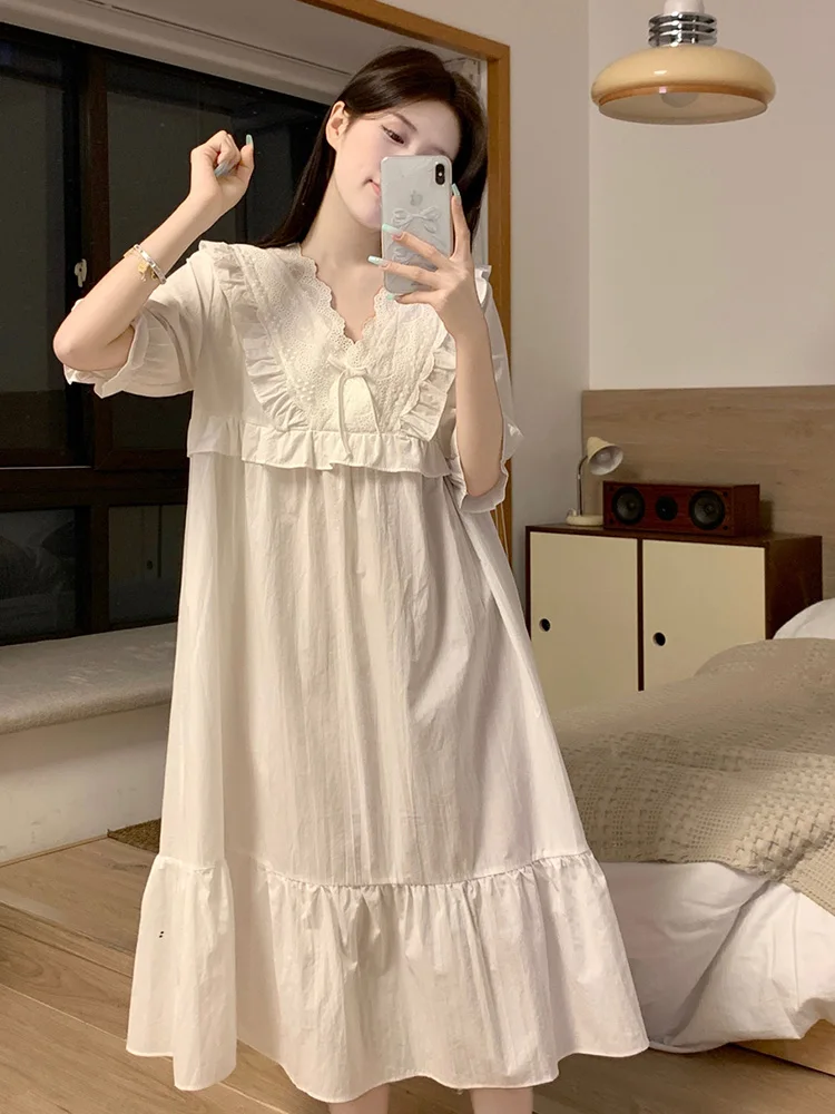 

Sweet Princess Simple Solid Lace V-Neck Short Sleeve Summer NightDress Women Cute Loose 100%Cotton Coolness Pajama Set Korean