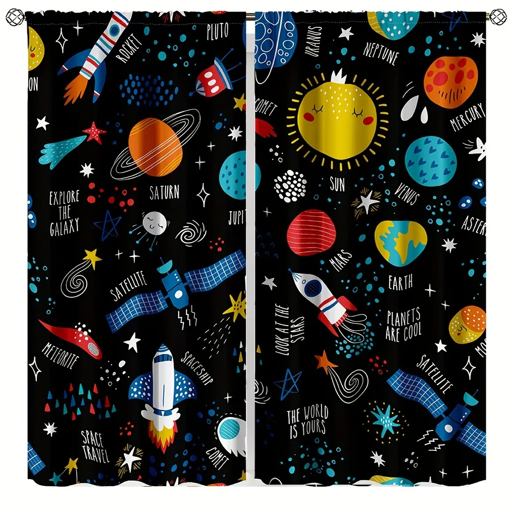 2Pcs Outer Space Window Curtains Cartoon Galaxy Planets Theme Rocket Spaceship for Playroom Bedroom Rod Pocket Window Drapes.