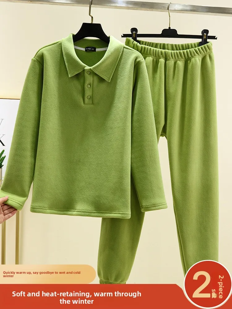Thickened Fleece Warm Sleepwear Set Women's Loose Casual Home Clothes Long Sleeve Crew Neck Pullover Top Bottoms Pajamas