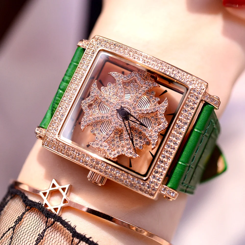 Luxury Brand Transparent Hollow Ladies Watch Spinning Diamond Face Fashion Rose Gold White Red Leather Quartz Watches for Women