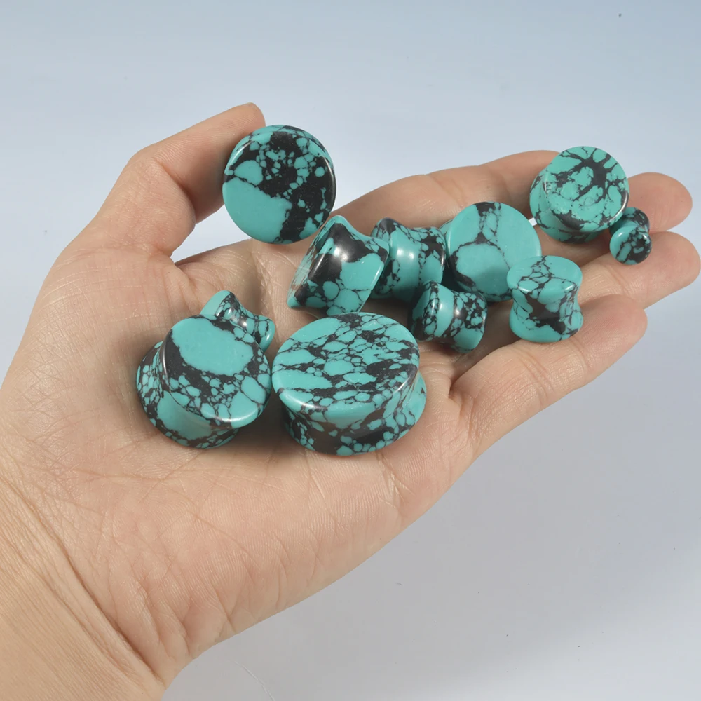 2Pcs Green Turquoise Stone Ear Plugs Gauges Earrings Double Flare Saddle Stretching Gauges Expander Ear Stretcher Body Piercing