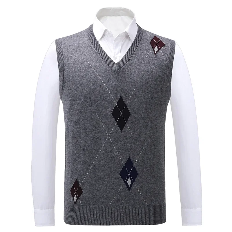 2024 New Spring Sweater Vest Men Autumn Elderly V-neck Wool Vest Men's Diamond Jacquard Knitted Wool Sweater Vests