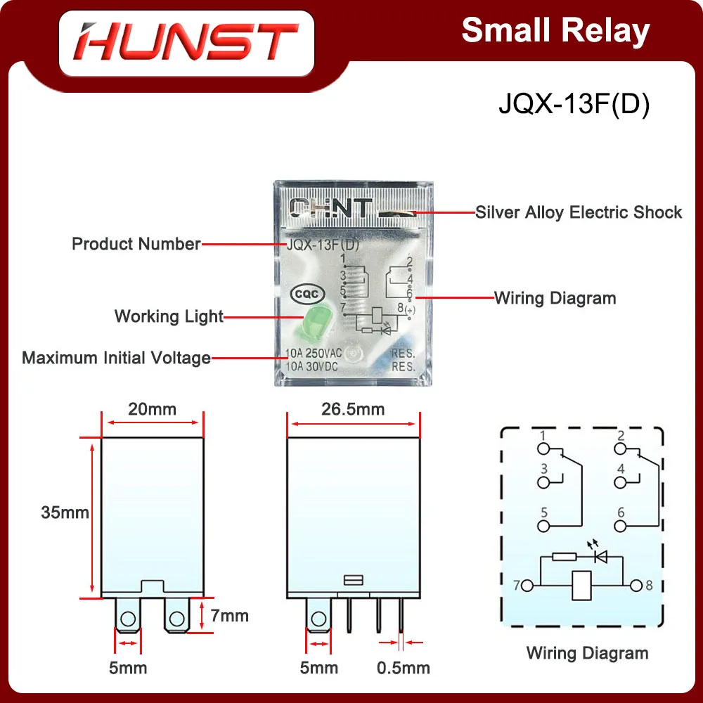 HUNST 소형 릴레이 JQX-13FD 세트, 소켓 베이스와 LED 접촉, 은 합금, 250VAC, 8 피트, 10A