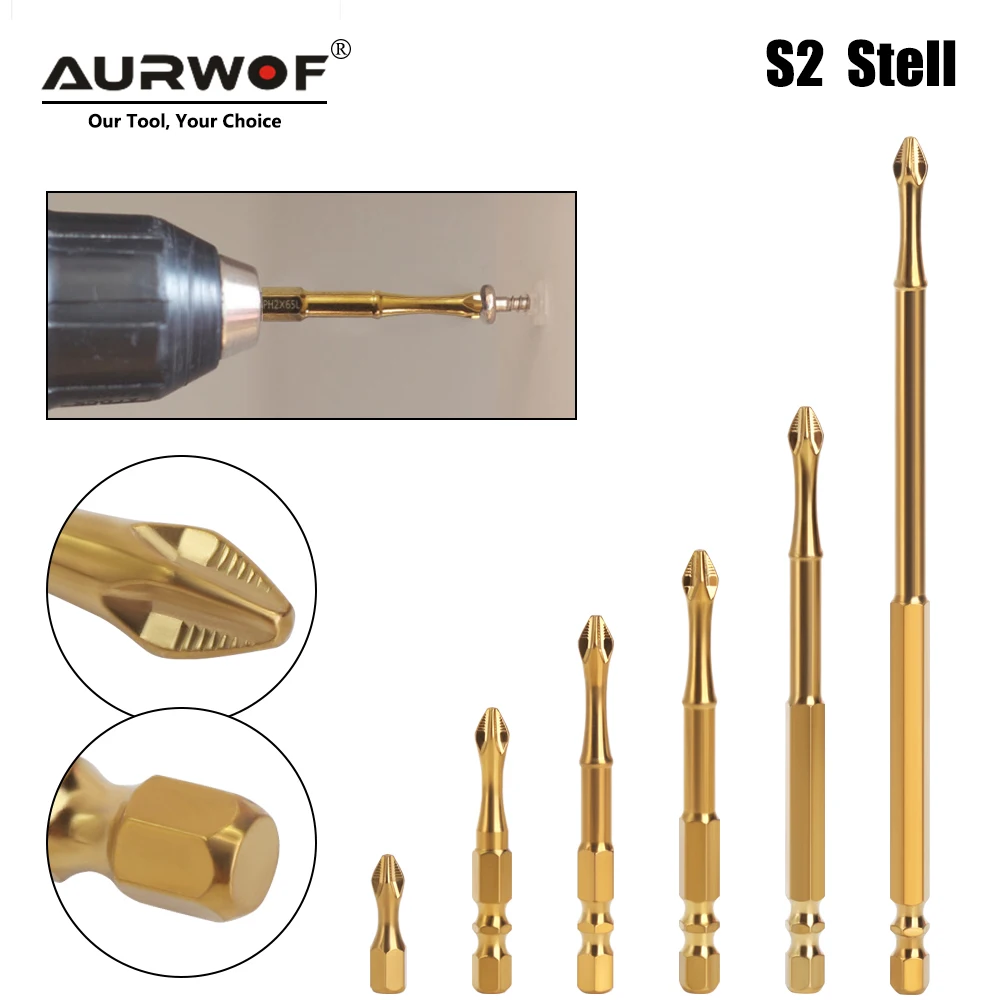 

AURWOF 1PC Double Slot Bullet Head Anti Slip Gold Plated Titanium S2 Cross Screwdriver Head High Hardness Electric Screwdriver