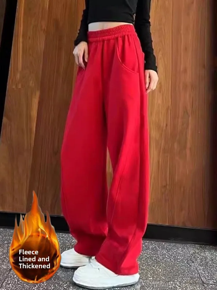 

American Sle Fce Lined Thi Wide Leg Pants Women's Loose Fit Autumn Winter Trousers Banana Pants Spor Casual Trousers