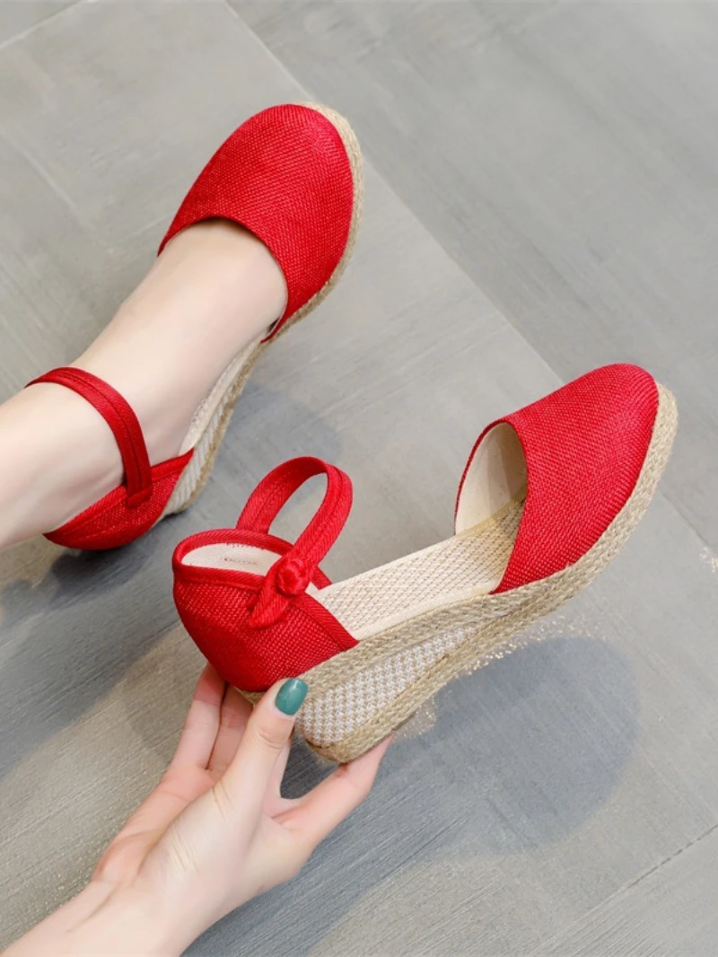 Women Fashion Shoes Sandals Casual Linen Clogs Wedge Sandials Summer Red Pink 6cm High Heel Platform Espadrilles Chunky Heels