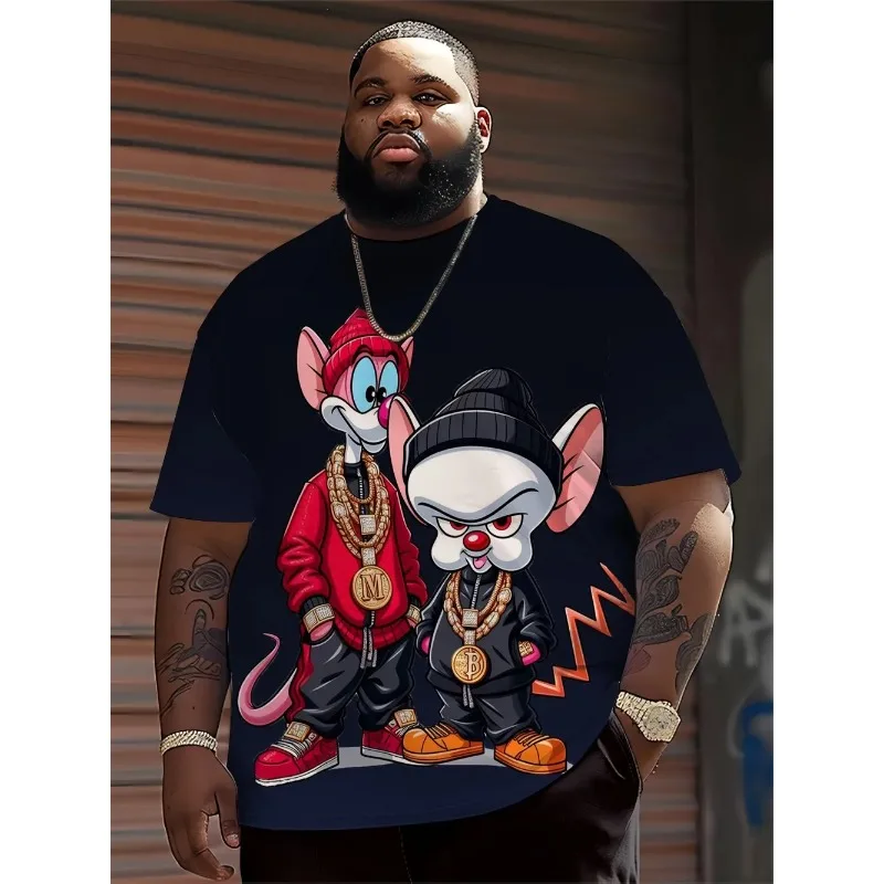 Men Hip Hop Cartoon Animal Printed Round Neck T-shirt 100% Polyester Fabric Summer Street Top Regular Suitable for Daily Wearing