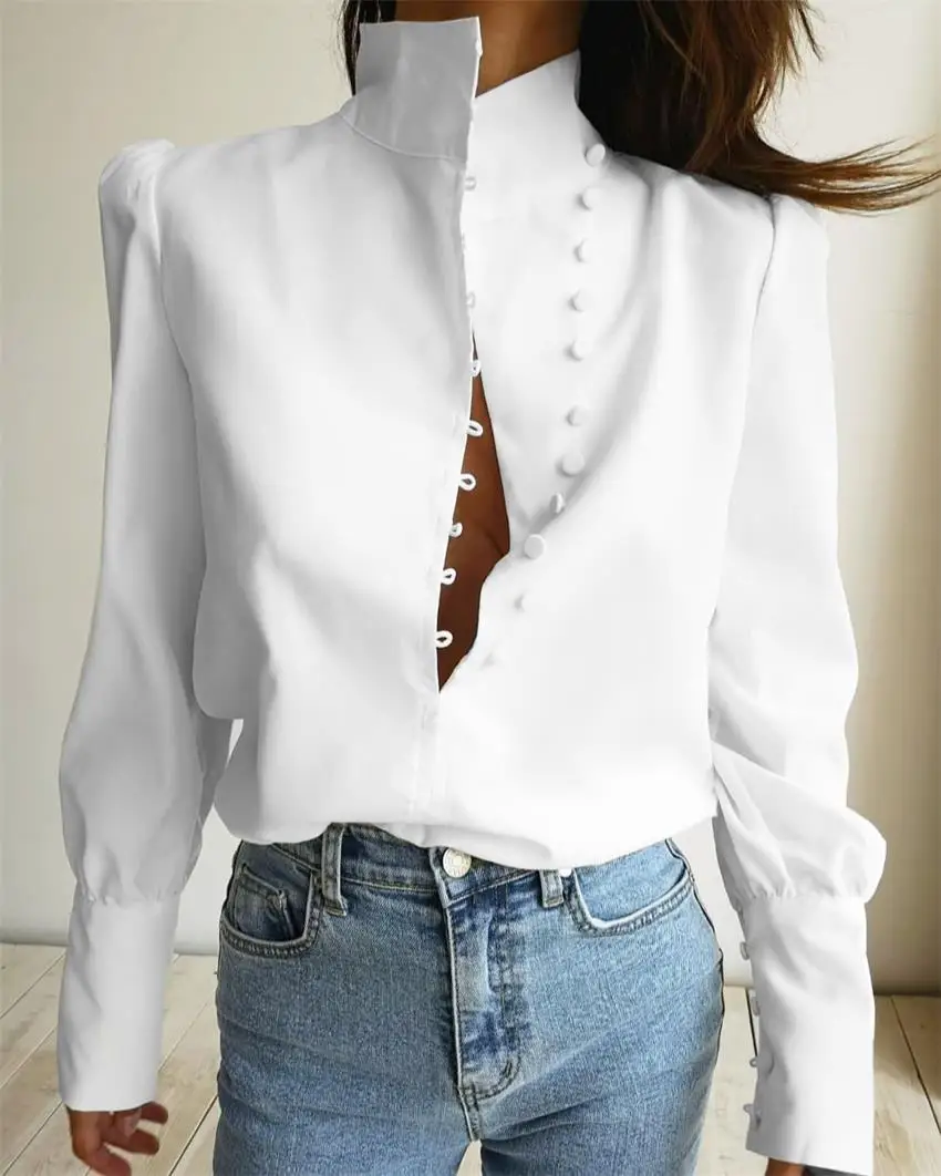 

Women's Versatile Solid Color Shirt Ruffled Collar Puff Long Sleeve Button Front Blouse Asymmetrical Top For Daily Dating & Work