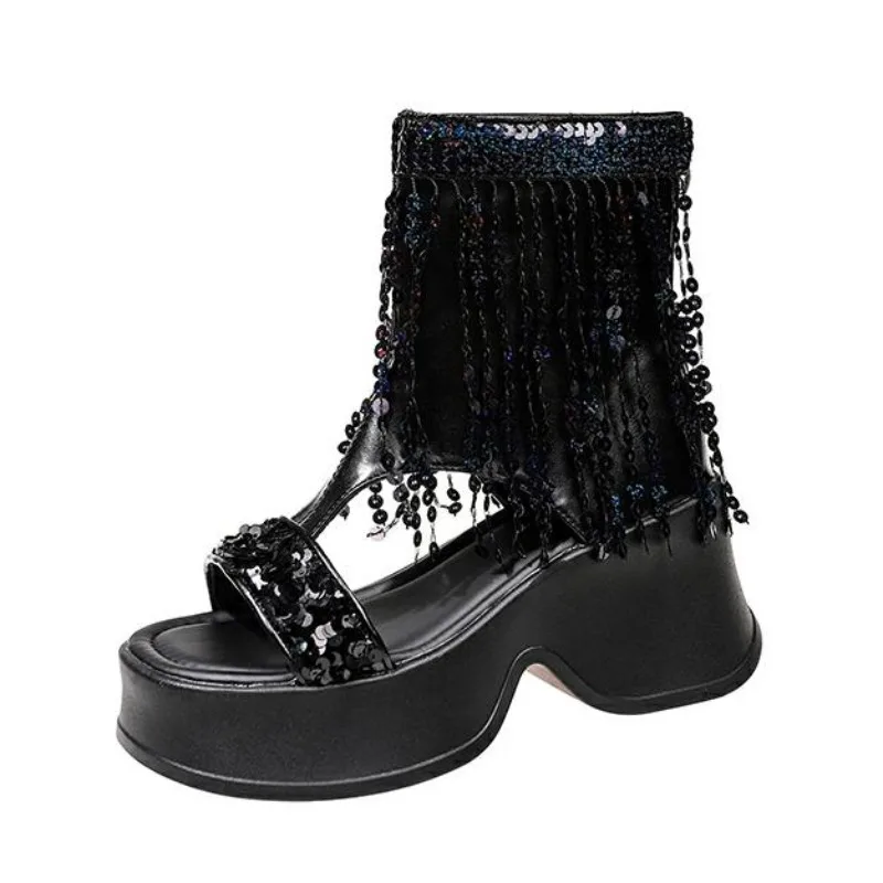 

Модные летние женские сандалии на платформе 8 см, в стиле бохо, с бахромой, на плоской подошве, с декором в виде блестящих звезд, летние ботильоны для повседневной носки и отпуска