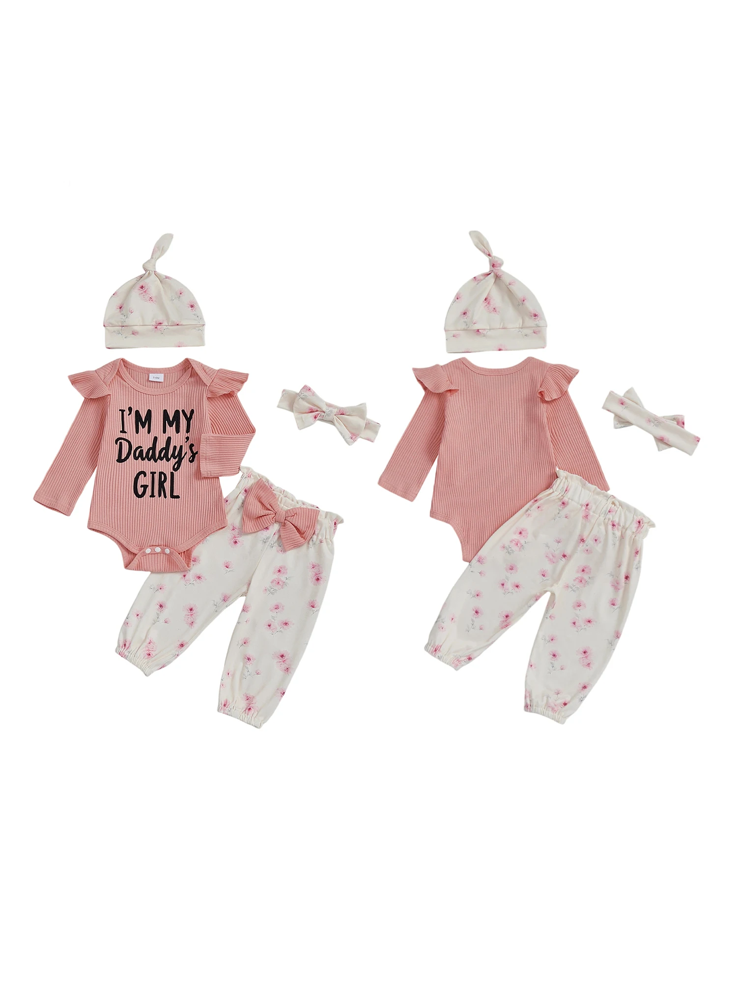 طفل الفتيات 4 قطع السراويل مجموعات طويلة الأكمام س الرقبة إلكتروني طباعة رومبير الأزهار السراويل عقال قبعة مجموعات #3